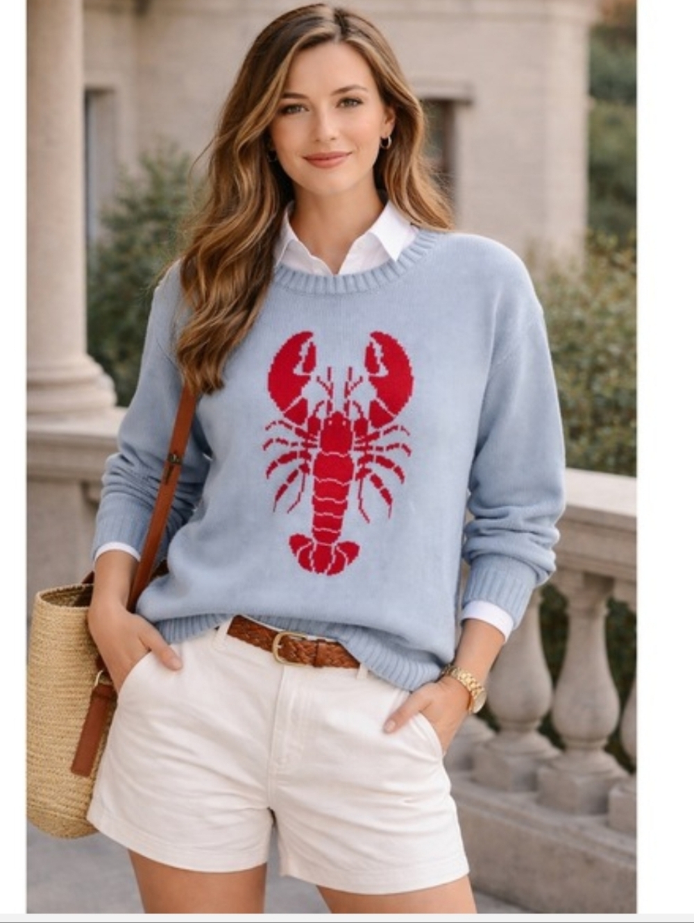 NWT Mighty Fine Light Blue Crewneck Sweater with Red Lobster Women's Size XS